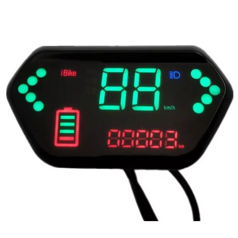צג דיגיטלי iBike לאופניים חשמליים — תצוגת מהירות km/h ומד סוללה LED ירוק ואדום